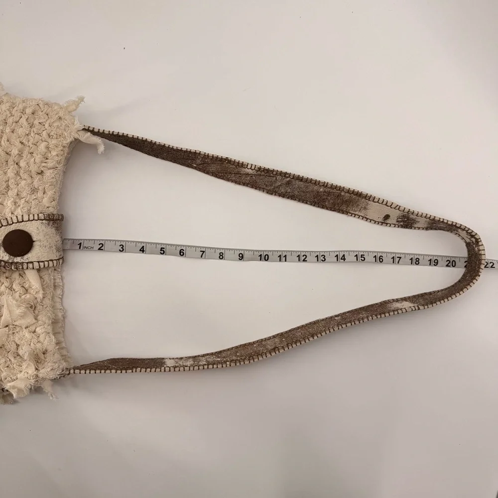 Handmade Boho Crochet Crossbody Bag Leather Trim‎ Satin Lined Neutral Rustic - Picture 12 of 15